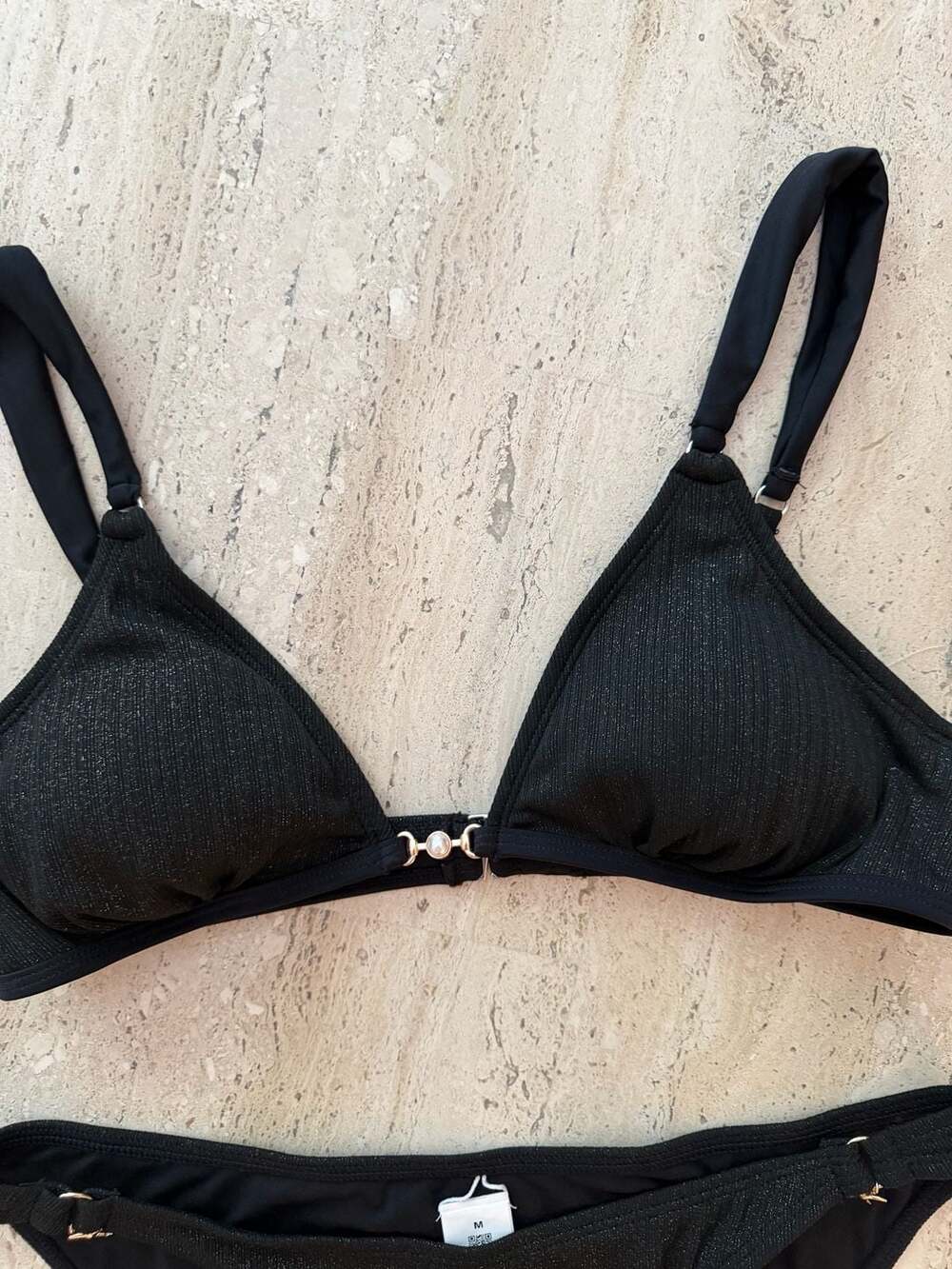 Cupshe Black Shimmer Lurex Triangle Bikini Set with Starfish Accents - Picture 2 of 4